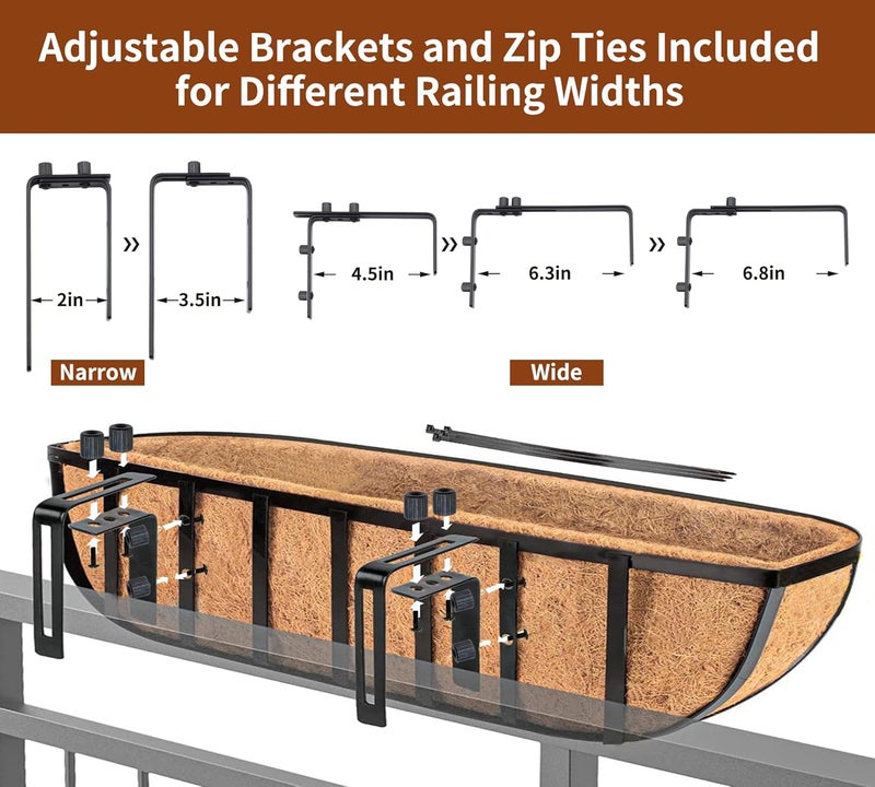 YM Window Boxes Horse Trough with Coconut Coir Liner, 24 Inch Window Deck with Coco Liner, Fence Metal Hanging Flower Planter Basket Deck Railing Planter Boxes (24in 4P) - Image 5